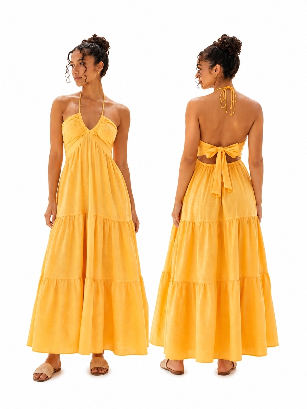 Blanco by Nature Carlotta Maxi Dress Cotton Halter Tiered Yellow